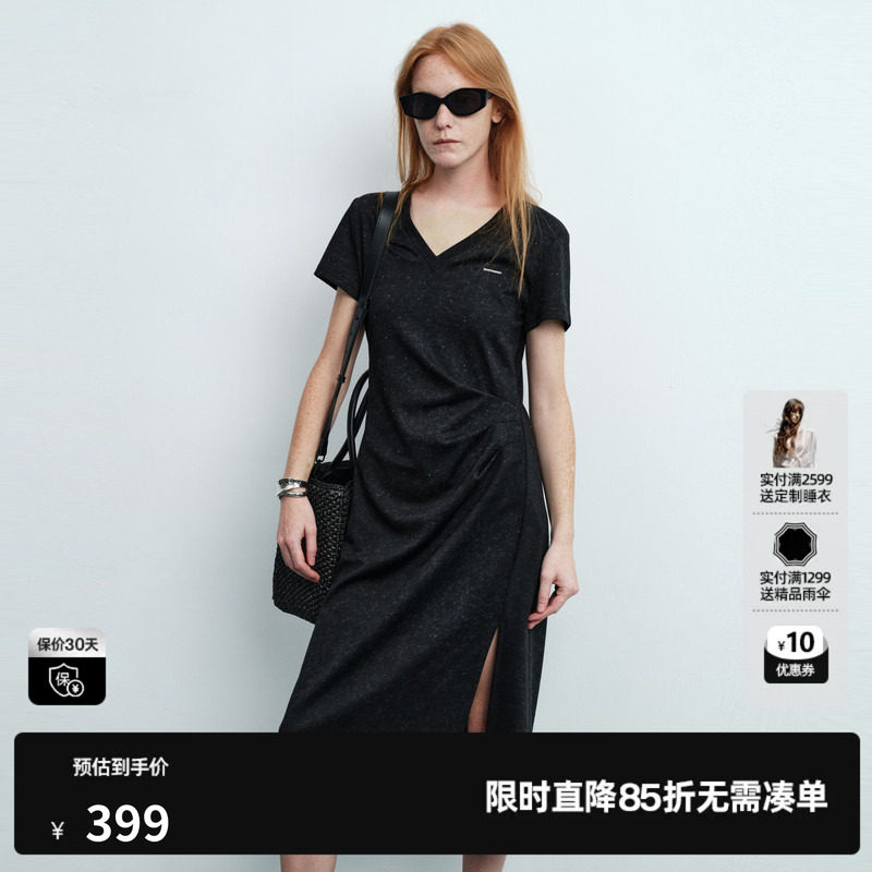 U/TI黑色棉感短袖连衣裙女V领收腰捏褶直筒中裙 尤缇2026夏季新款