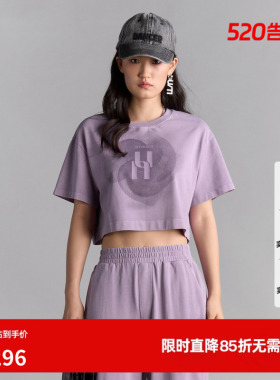 U/TI中紫色印花短款T恤女 宽松休闲纯棉露脐短袖尤缇2025夏季新款