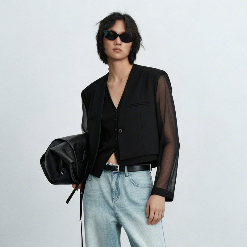 U/TI黑色羊毛混纺西装女V领薄款网纱拼接短外套 尤缇2026夏季新款