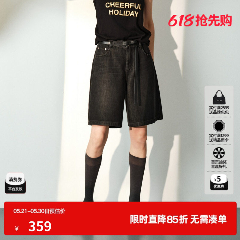U/TI黑色棉感直筒牛仔短裤女阔腿薄款中性风中裤尤缇2026夏季新款