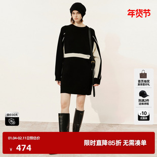 U/TI黑色撞色拼接羊毛连衣裙女装修身毛衫毛衣裙尤缇时尚冬季新款