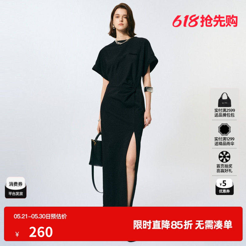 U/TI黑色开衩棉感连衣裙女 设计感褶皱T恤裙长裙尤缇2025春季新款