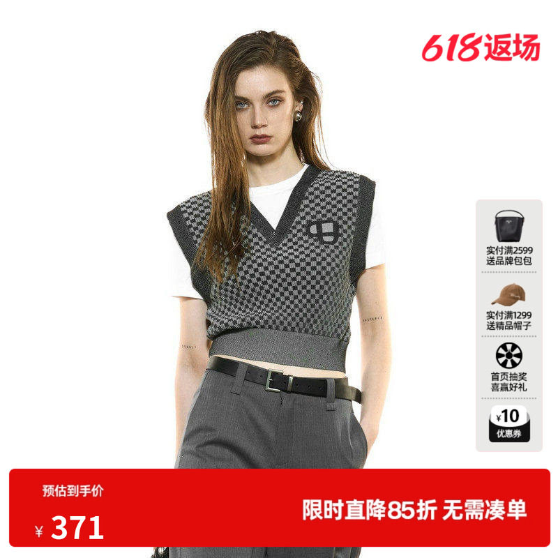 U/TI假两件V领黑白格纹针织衫女 学院风毛衫棉感尤缇2025秋季新款