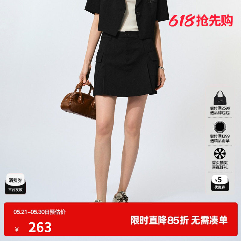 U/TI工装风短裙裤女 设计感百褶裙A字裙黑色短裙尤缇2025夏季新款