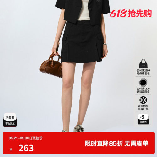 U/TI工装风短裙裤女 设计感百褶裙A字裙黑色短裙尤缇2025夏季新款