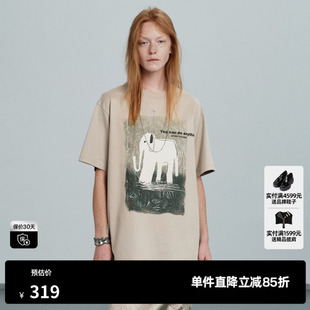 U/TI浅咖色纯棉短袖T恤女宽松大版印花落肩上衣 尤缇2026夏季新款