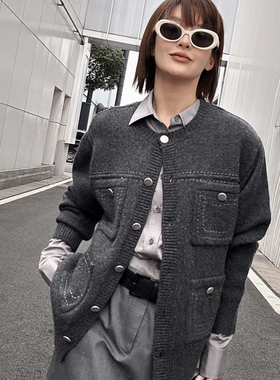 U/TI纯羊毛灰色开衫针织女多口袋两穿小香针织衫尤缇2026春季新款