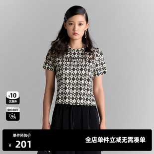 上衣尤缇2025夏季 短款 黑白格纹短袖 新款 TI棋盘满版 印花薄T恤女