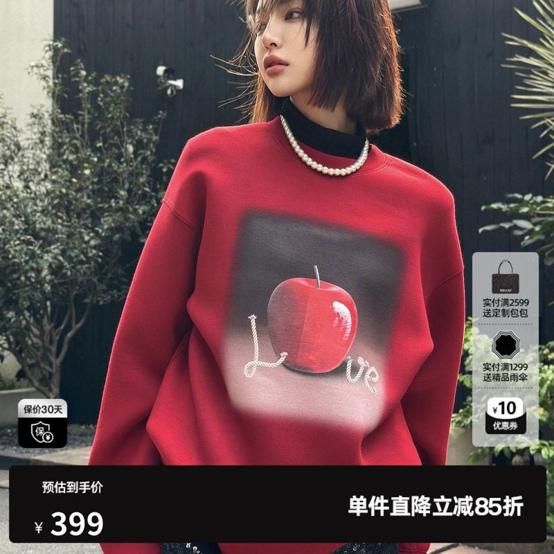 U/TI苹果落肩卫衣女正红色空气层料宽松休闲上衣尤缇2026春季新款