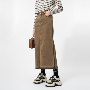 新款 TI复古摩卡棕纯棉牛仔裙女百搭毛边开衩直筒裙尤缇2025春季