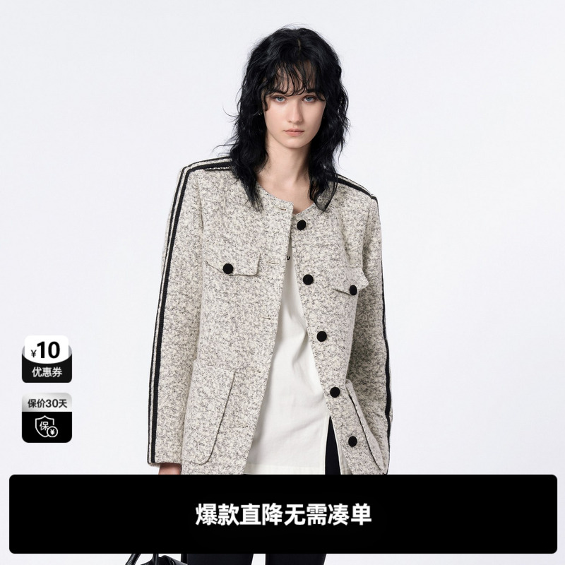 U/TI浅灰色小香风羊毛外套女设计感拼接休闲上衣尤缇时尚冬季新款