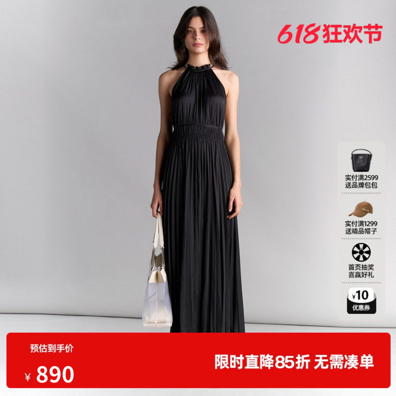 U/TI缎面风琴褶挂脖裙女装设计感重工长裙连衣裙尤缇2025夏季新款
