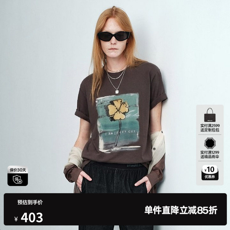 U/TI灰色棉感圆领短袖T恤女 落肩印花直筒休闲薄尤缇2026夏季新款
