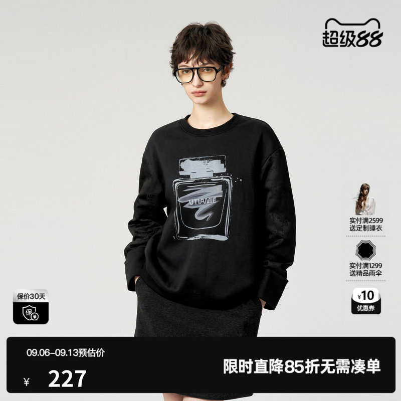 U/TI黑色新中式香水拼接长袖T恤女 棉质加绒上衣尤缇时尚冬季新款