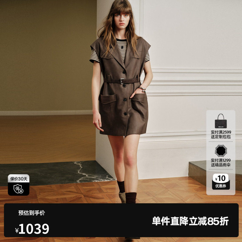 U/TI咖色翻领无袖连衣裙女腰带直筒简约风衣外套尤缇2026秋季新款