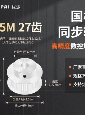 同步带轮S5M27齿宽21/27BF内孔5 6 8 10 12 12714机械型同步轮S5M