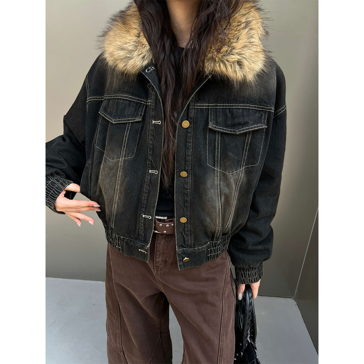 2025冬季新款复古水洗牛仔白鸭绒羽绒服加厚单排扣毛领外套21226