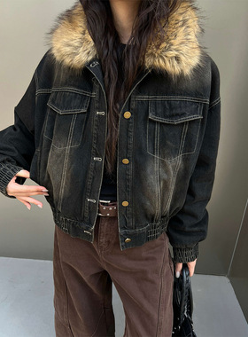 2025冬季新款复古水洗牛仔白鸭绒羽绒服加厚单排扣毛领外套21226