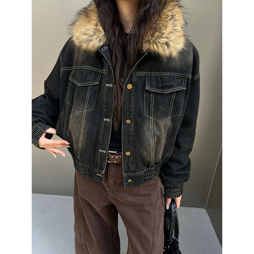 2025冬季新款复古水洗牛仔白鸭绒羽绒服加厚单排扣毛领外套21226