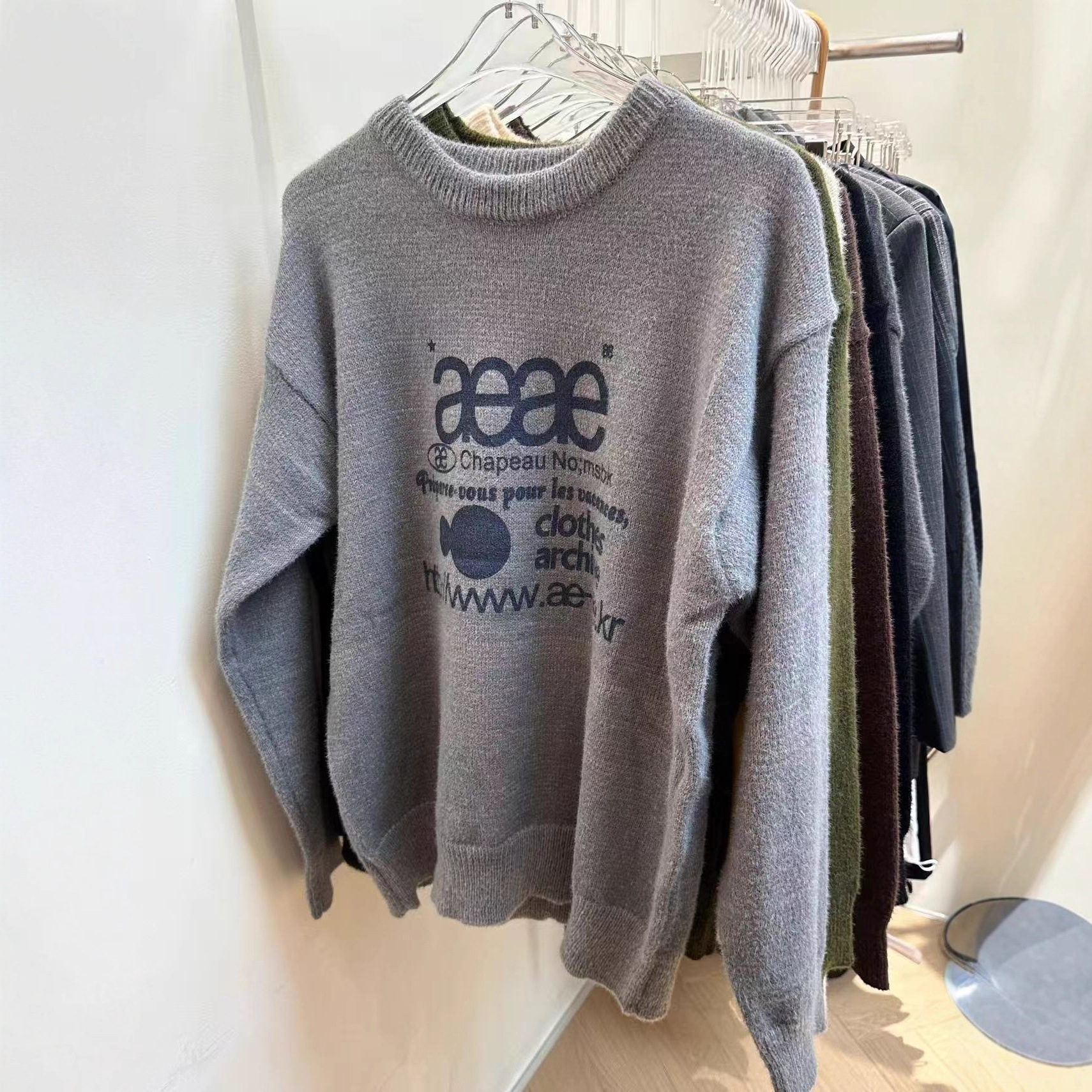 现货韩国秋冬新款aeae字母提花针织衫休闲男女情侣同款圆领毛衣