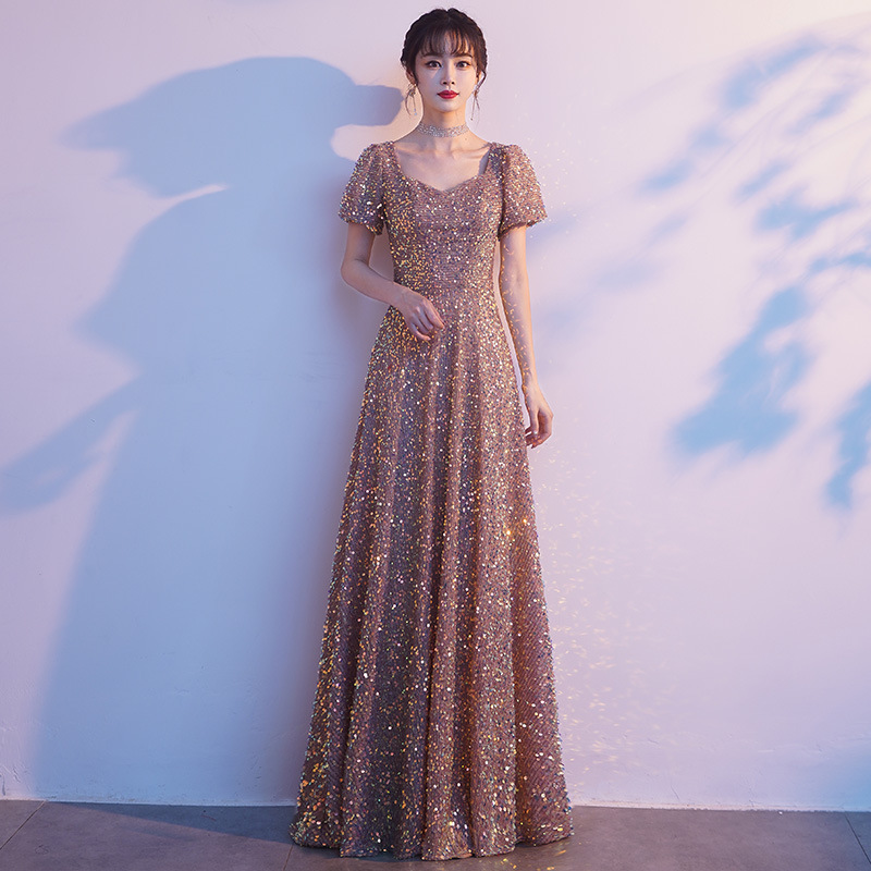 2025新款宴会晚礼服裙女气质长款质感小众轻奢金色亮片年会主持人