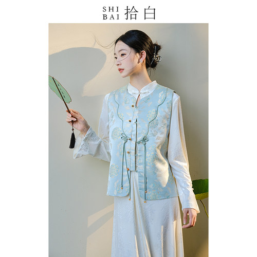 SHIBAI拾白原创缎面新中式马甲春秋新款提花仿宋锦中国风马夹