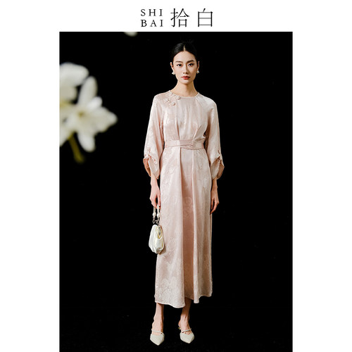 SHIBAI拾白新中式国风禅意女春夏新款收腰封提花七分袖精致连衣裙