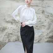 白色复古上衣女衬衫 SHIBAI拾白新中式 2024秋立领园襟改良国风唐装