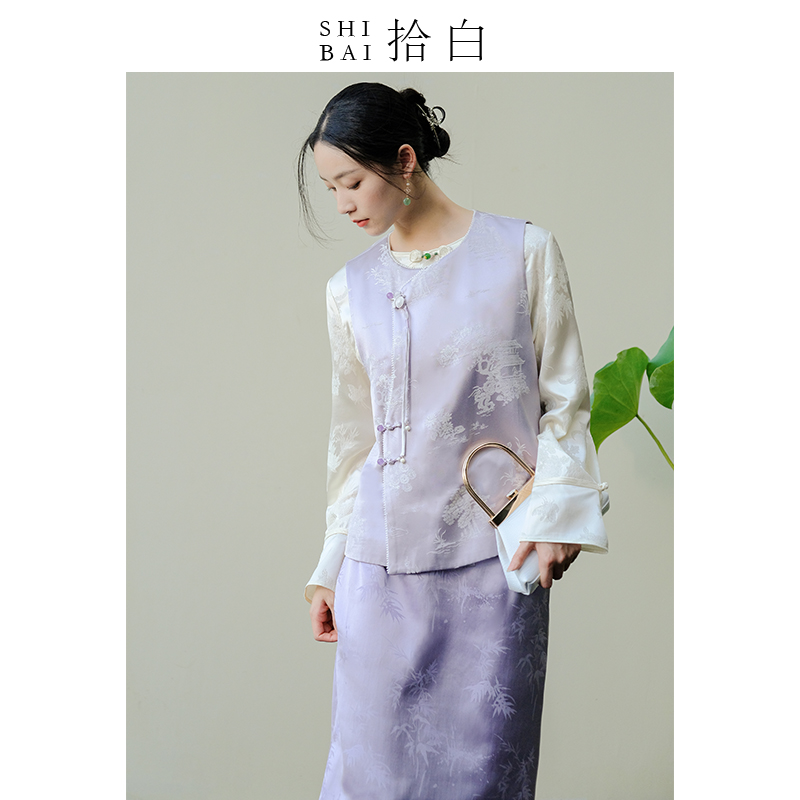 SHIBAI拾白新中式马甲斜襟2025春夏新款国风亭台楼阁珍珠提花上衣