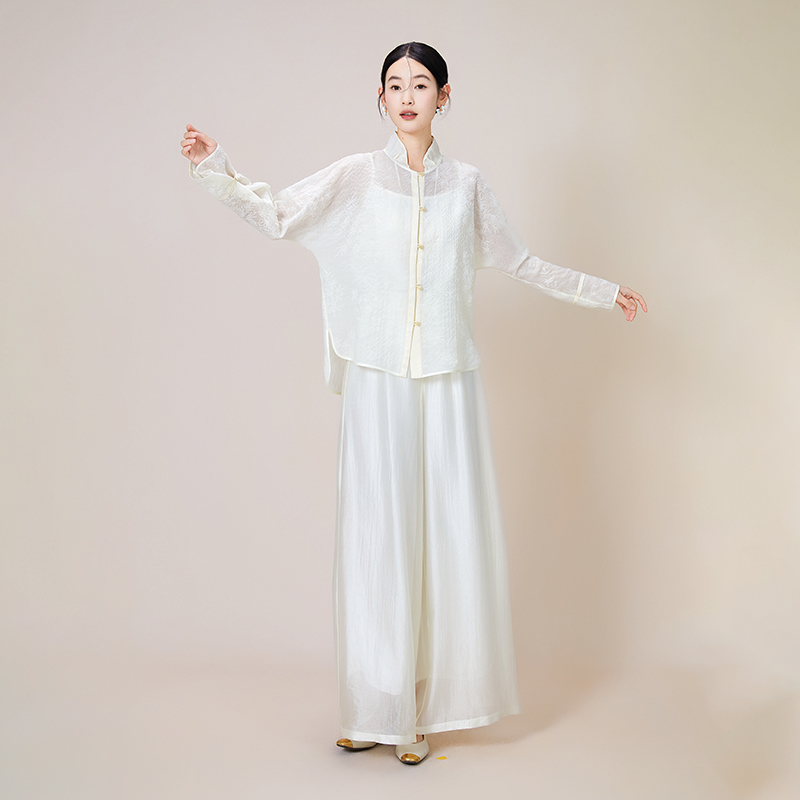 SHIBAI拾白新中式天丝薄纱女衬衫气质长袖国风慵懒百搭提花上衣