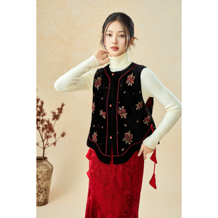 SHIBAI拾白 花语 新中式马甲原创国风高端钉珠刺绣设计感丝绒上衣