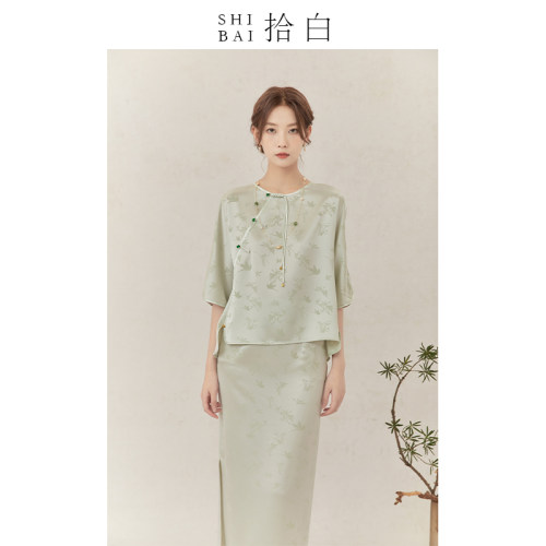 拾白新中式夏季绿色套装上衣半裙