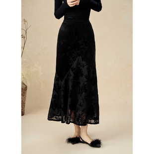 SHIBAI拾白新中式 压花暗纹醋酸丝绒高腰显瘦重工拼接蕾丝鱼尾半裙