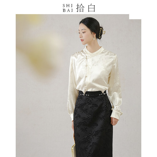 SHIBAI拾白春秋新款原创国风高端醋酸冠乐皱改良衬衫女新中式上衣