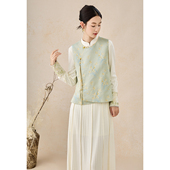 提花圆领撞色包边盘扣2025女无袖 新中式 国风马甲 水仙 SHIBAI拾白