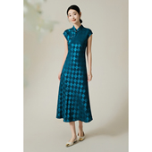 连衣裙 国风改良旗袍墨蓝醋酸立领新中式 SHIBAI拾白2025夏季 新款