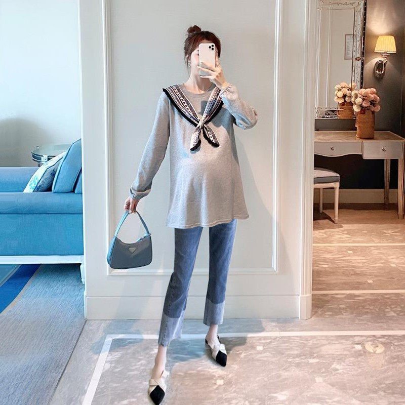 영국 NEXT ROAD 출산복 가을 2024 새로운 패션 네이비 칼라 상의와 청바지 투피스 세트