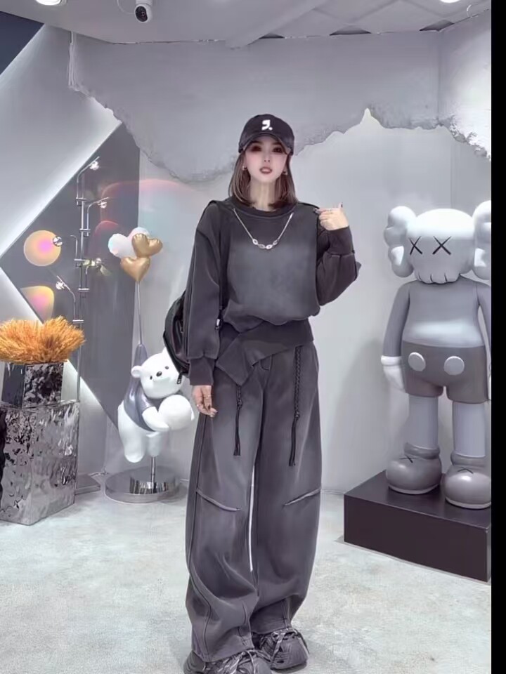 网红爆款时尚休闲套装2026春秋新款欧货扎染不规则卫衣弯刀阔腿裤