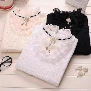 秋冬装新款韩版显瘦立领蕾丝打底衫加绒加厚长袖女t恤内搭上衣服