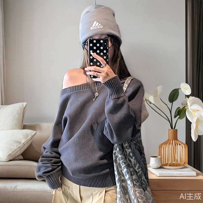 韩系慵懒感一字领露肩软糯毛衣打底衫女春秋冬季纯欲针织内搭上衣