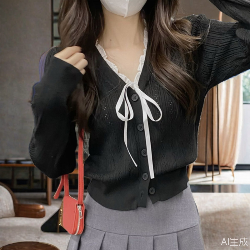 学院风v领拼接麻花设计针织衫女长袖春秋冬款绑带套头打底上衣服