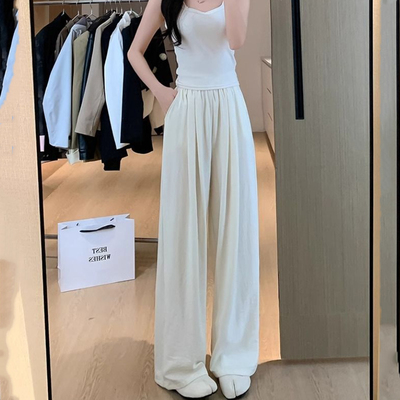 白色慵懒风阔腿裤女春夏新款高腰垂感醋酸肌理奶芙冰丝休闲山本裤