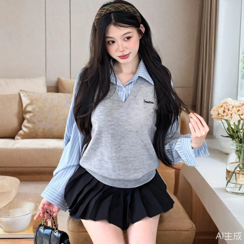 马甲衬衫拼接假两件打底上衣女春秋冬学院风宽松短款POLO领针织衫