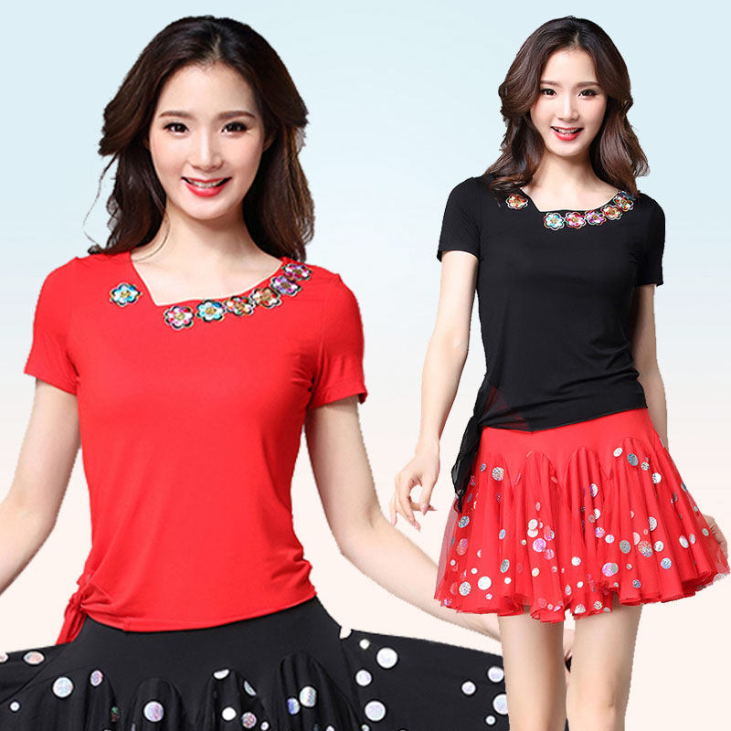 广场舞新款莫代尔短袖上衣女夏绣花舞蹈衣服跳舞裙子练习演出服装