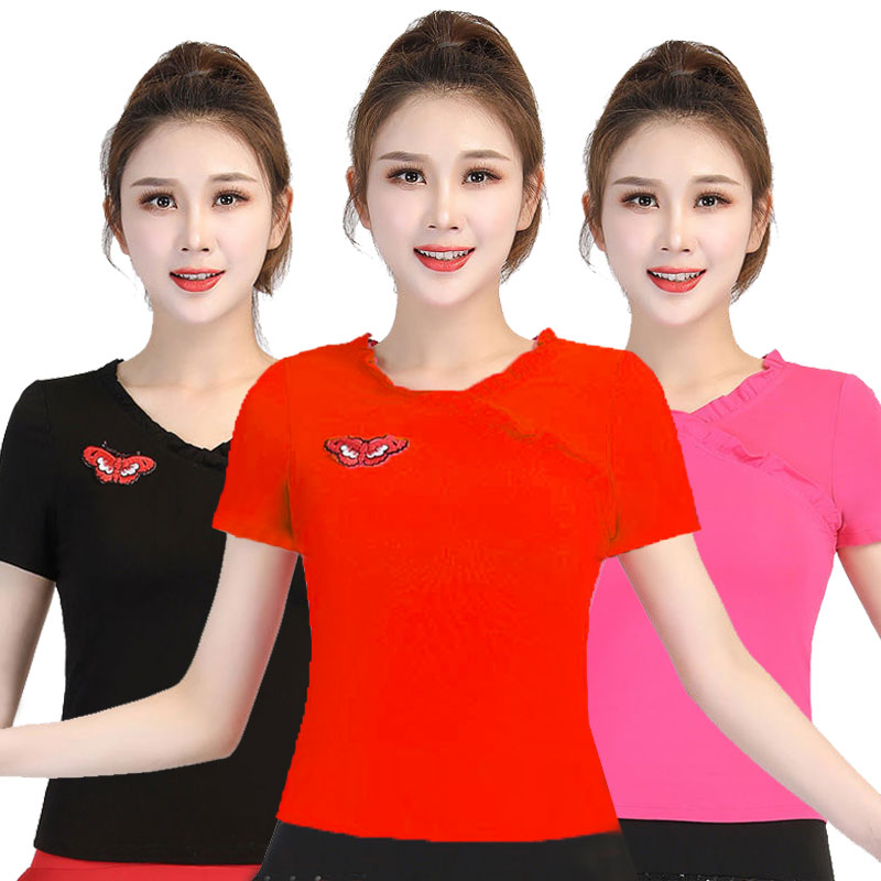 新款春夏舞蹈练功服女广场舞莫代尔上衣V领跳舞短袖中年练习舞衣