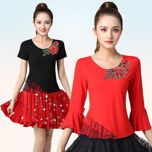 跳舞裙子套装 新款 莫代尔绣花短袖 莫代尔舞蹈上衣春夏款 广场舞服装