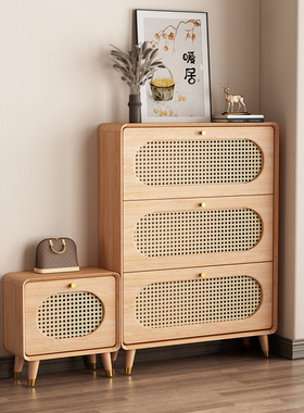 实木超薄藤编鞋柜家用门口简约现代入户翻斗门后窄版原木色玄关柜