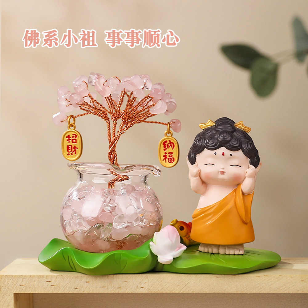 新款 赐福小佛祖&水晶发财树荷叶底座文化创意礼品和尚汽车小摆件