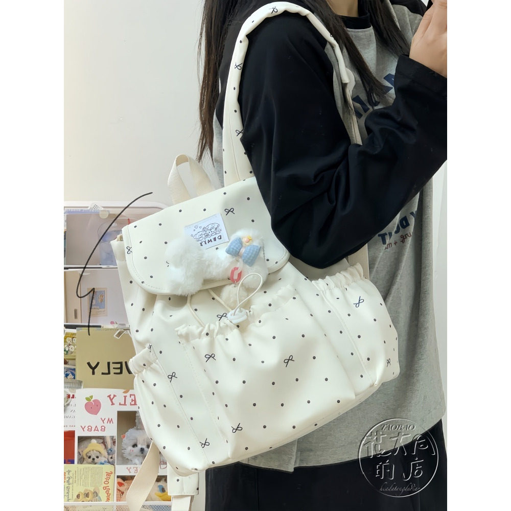 日系蝴蝶结波点双肩包女学院风大学生通勤百搭书包休闲旅行小背包
