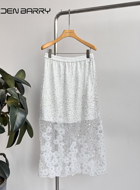 GOLDEN BARRY｜金和百瑞2025年310154春重工珠片珍珠花朵白色半裙